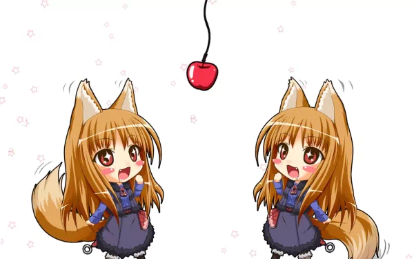 HD desktop wallpaper featuring two cute chibi versions of Holo from the anime Spice and Wolf. They are both looking happily at a hanging cherry with a white background adorned with small delicate flowers.
