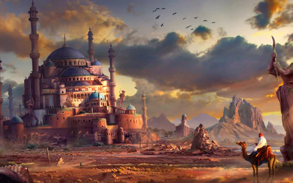A stunning HD desktop wallpaper showcasing a fantastical city with grand architecture and towering spires, bathed in the warm glow of a setting sun, and set against a rugged, mountainous landscape.