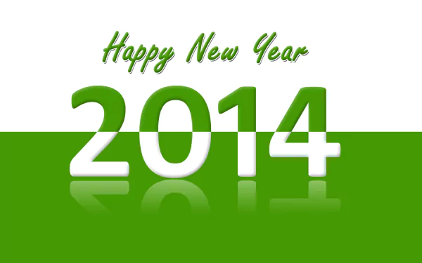 HD PC desktop wallpaper background: green-and-white holiday graphic reading Happy New Year above large glossy 2014 with mirrored reflection.
