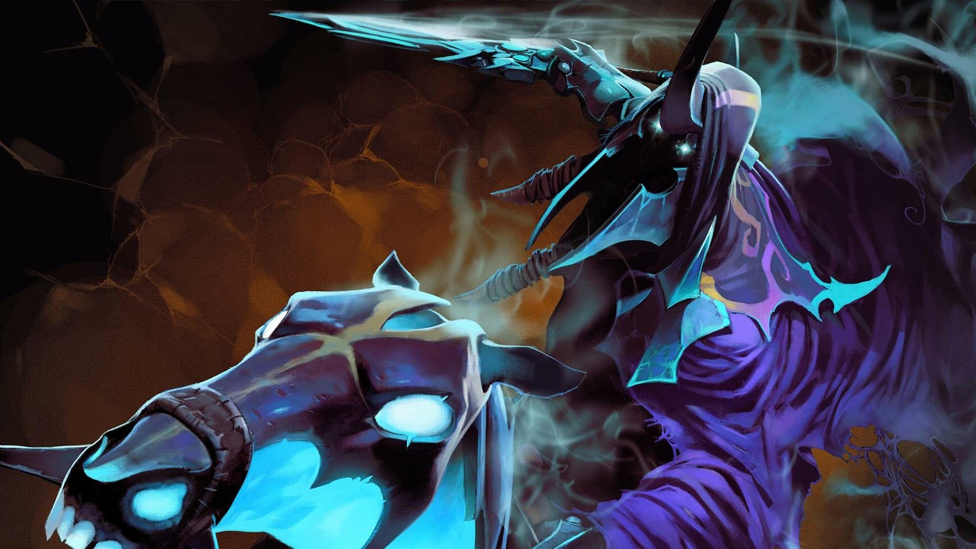 A striking HD wallpaper from the video game DotA 2, featuring a mysterious character wielding a sword, mounted on a ghostly horse, set against a dark, atmospheric background.