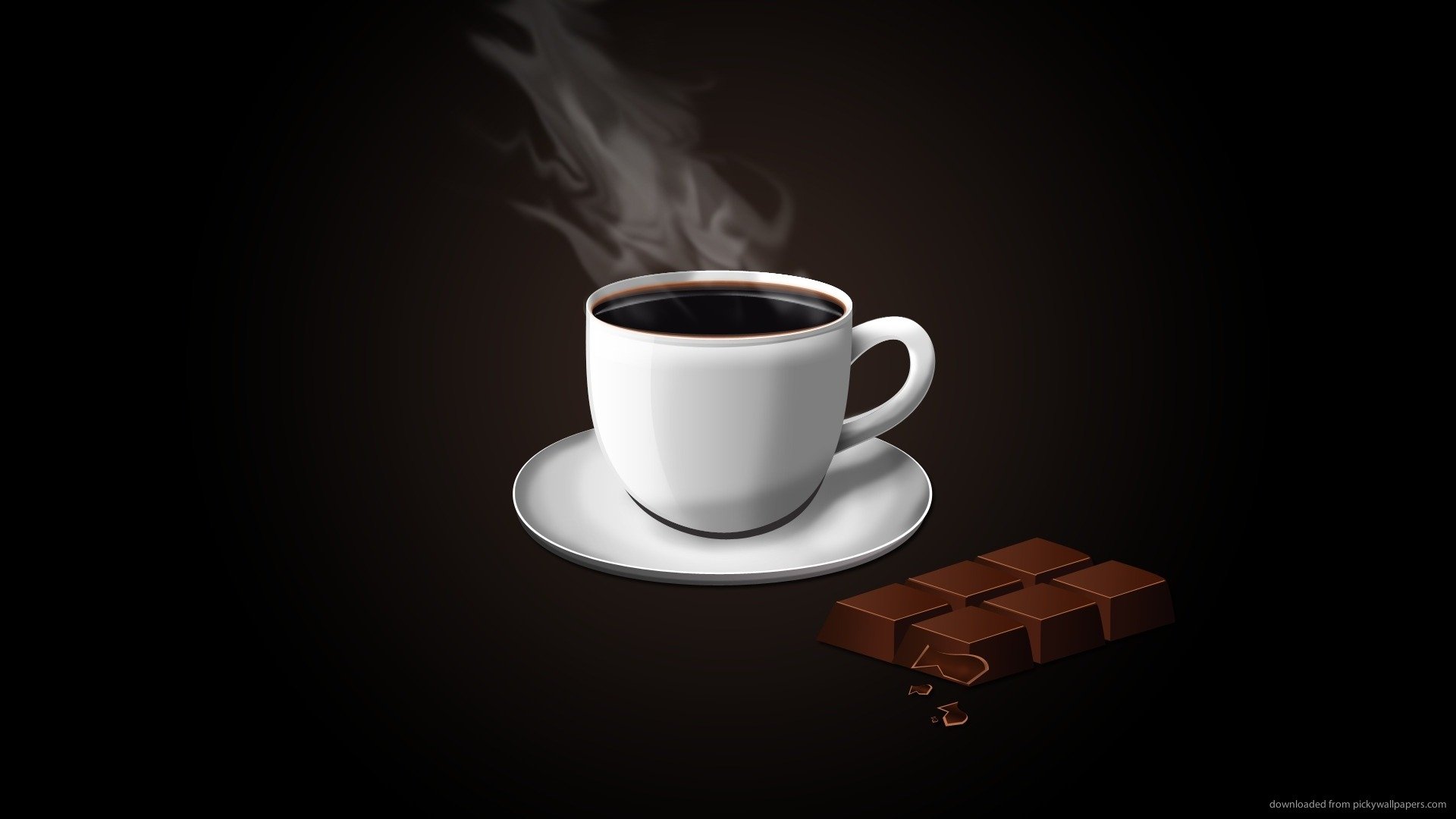A steaming cup of coffee sits on a white saucer next to a piece of chocolate, creating a warm and inviting food-themed backdrop in this HD desktop wallpaper.