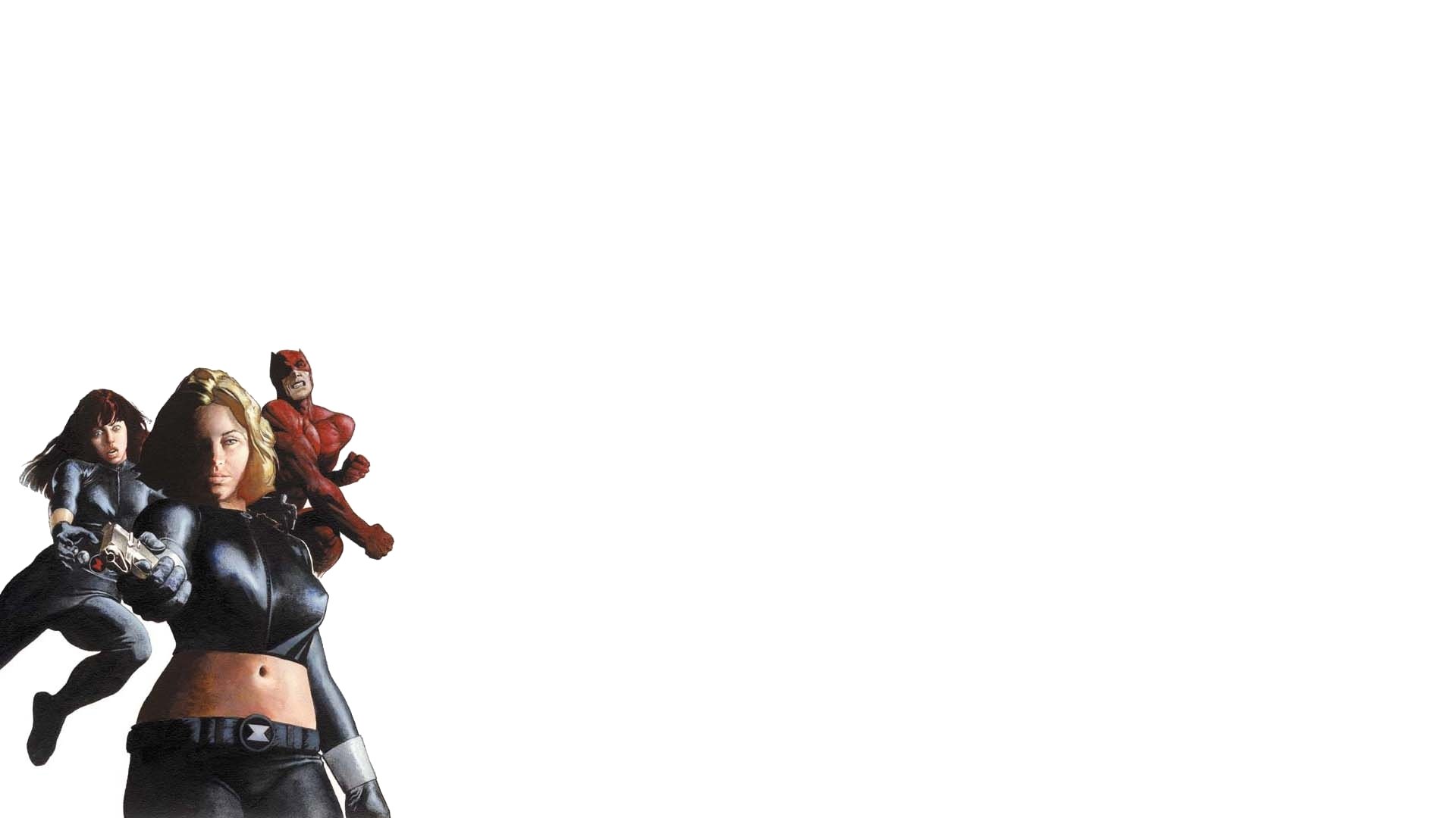 HD PC desktop wallpaper featuring a comic-style Black Widow character in a dynamic pose against a clean white background.