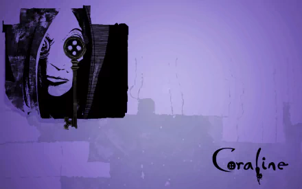 HD PC desktop wallpaper featuring a stylized, eerie close-up from the movie Coraline with the title in the bottom right corner against a purple background.