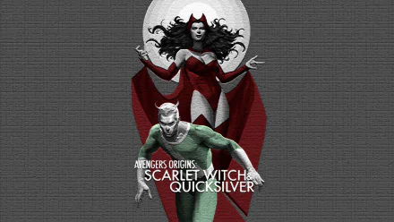 HD desktop wallpaper featuring Quicksilver and Scarlet Witch from Marvel Comics. The image is tagged 'Avengers Origins' and showcases both characters in action poses against a textured background.