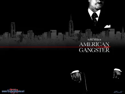 A stylish HD desktop wallpaper featuring an artistic silhouette of a city skyline with the text Tupac Shakur American Gangster, celebrating the music icon's legacy.