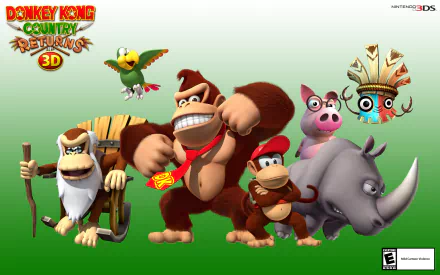 HD wallpaper of Donkey Kong Country Returns 3D featuring Donkey Kong, Cranky Kong, and other characters on a green background.