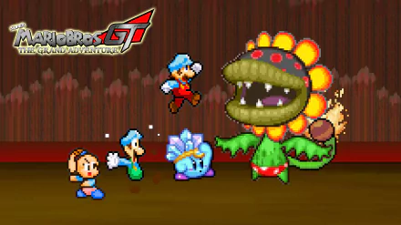 HD desktop wallpaper featuring Mario, Luigi, Kirby, and Petey Piranha from the Super Mario Bros. series in a pixel-art style battle scene.