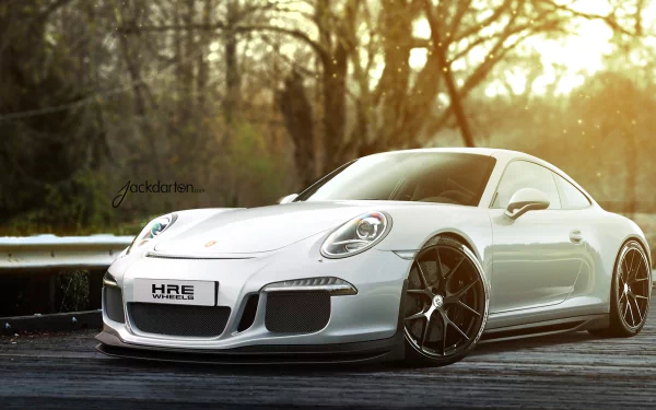 White Porsche 911 GT3 parked on a road with a forest background, captured in HD for a striking PC desktop wallpaper and background.