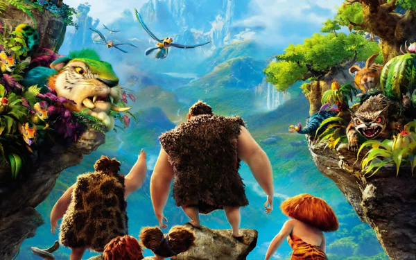 HD PC desktop wallpaper/background featuring characters from the movie The Croods standing on a cliff overlooking a lush, colorful prehistoric valley with flying creatures.