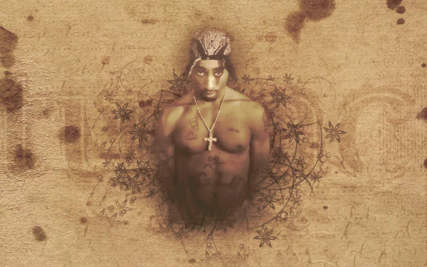 HD PC desktop wallpaper featuring a sepia-toned artistic portrait of 2Pac with musical and floral design elements in the background.