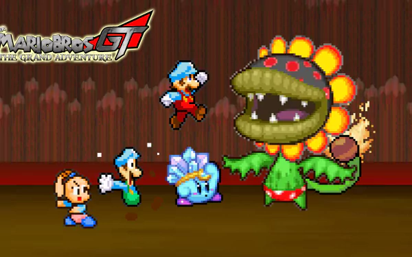 HD desktop wallpaper featuring Mario, Luigi, Kirby, and Petey Piranha from the Super Mario Bros. series in a pixel-art style battle scene.