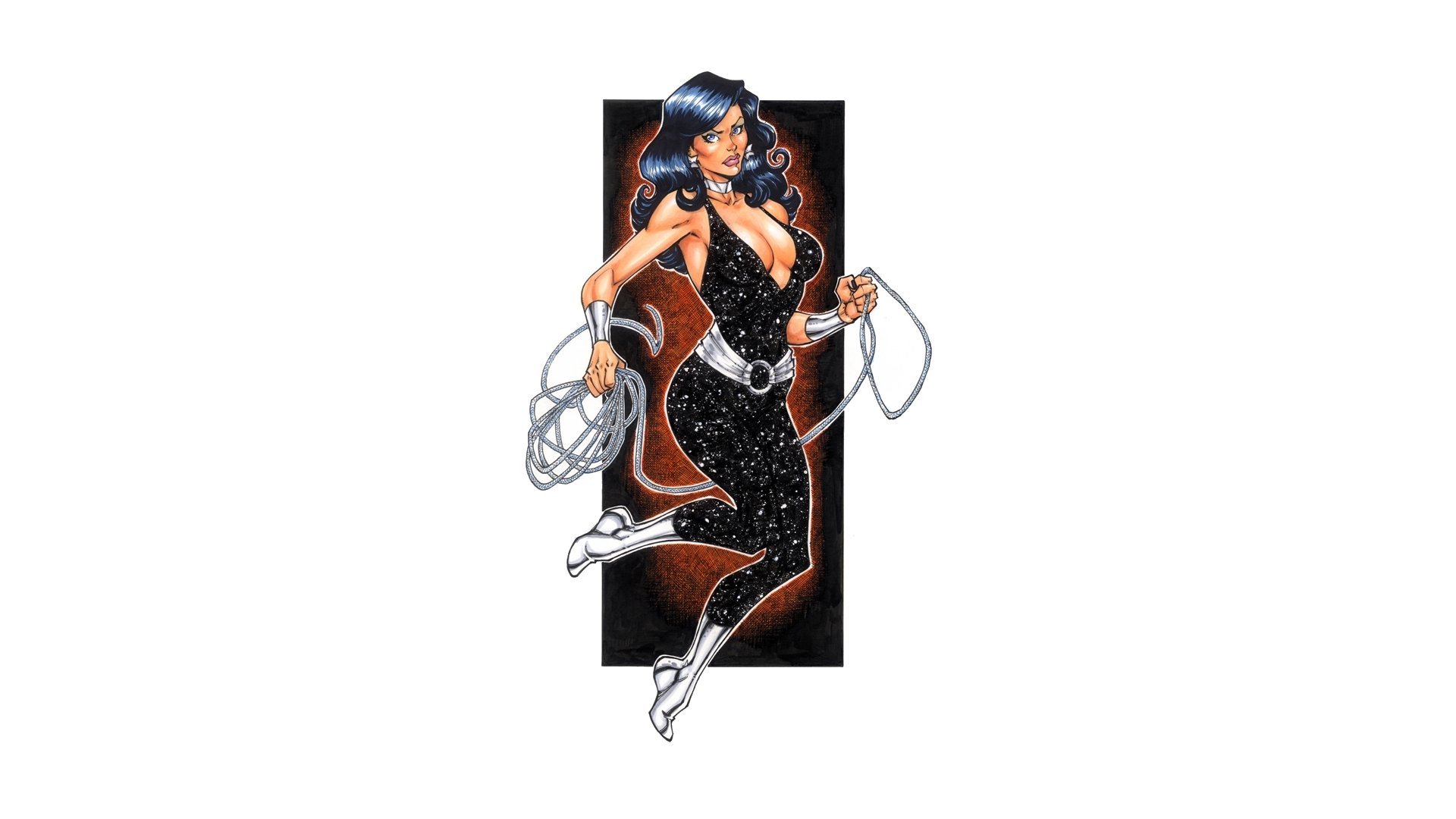 Comic-style Donna Troy in a sparkling black dress and white boots, swinging her lasso against a dark vertical panel, HD PC desktop wallpaper/background.