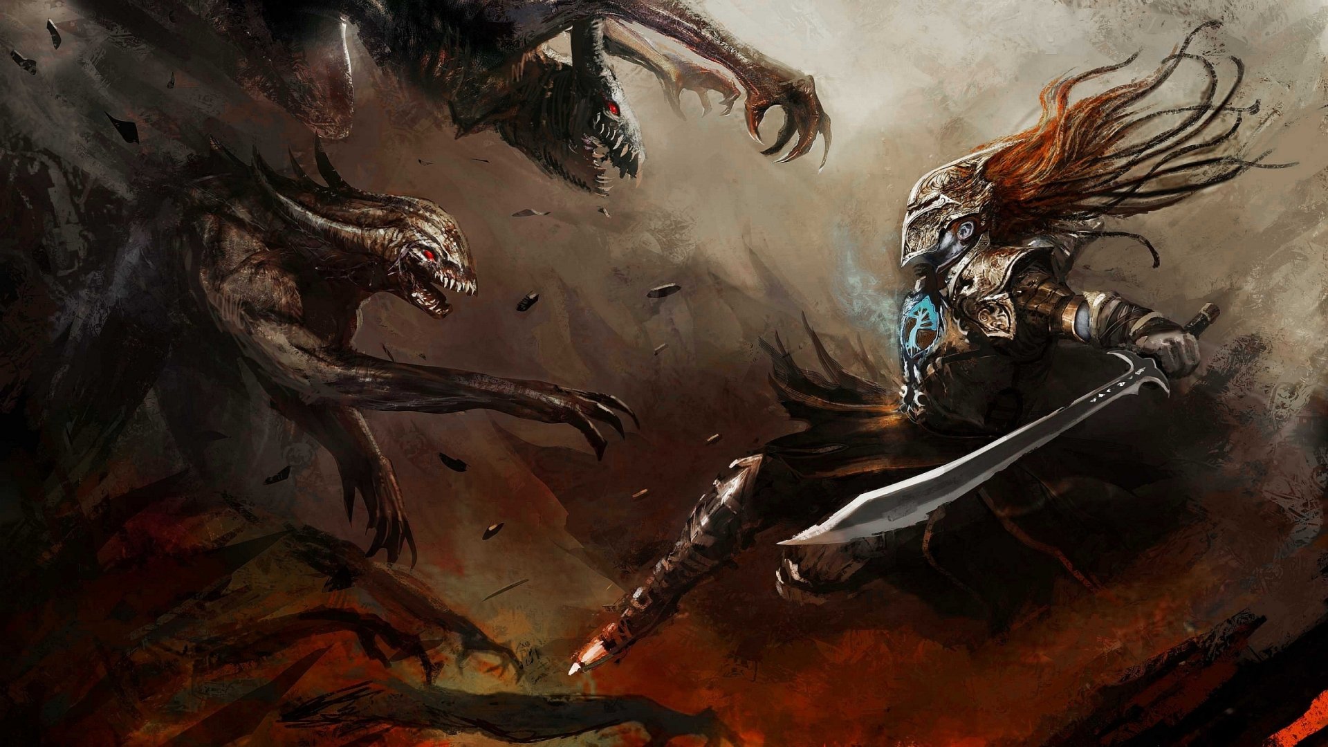 HD desktop wallpaper featuring a dynamic fantasy warrior in battle against a monstrous creature, depicted in a dramatic, dark-toned artistic style.