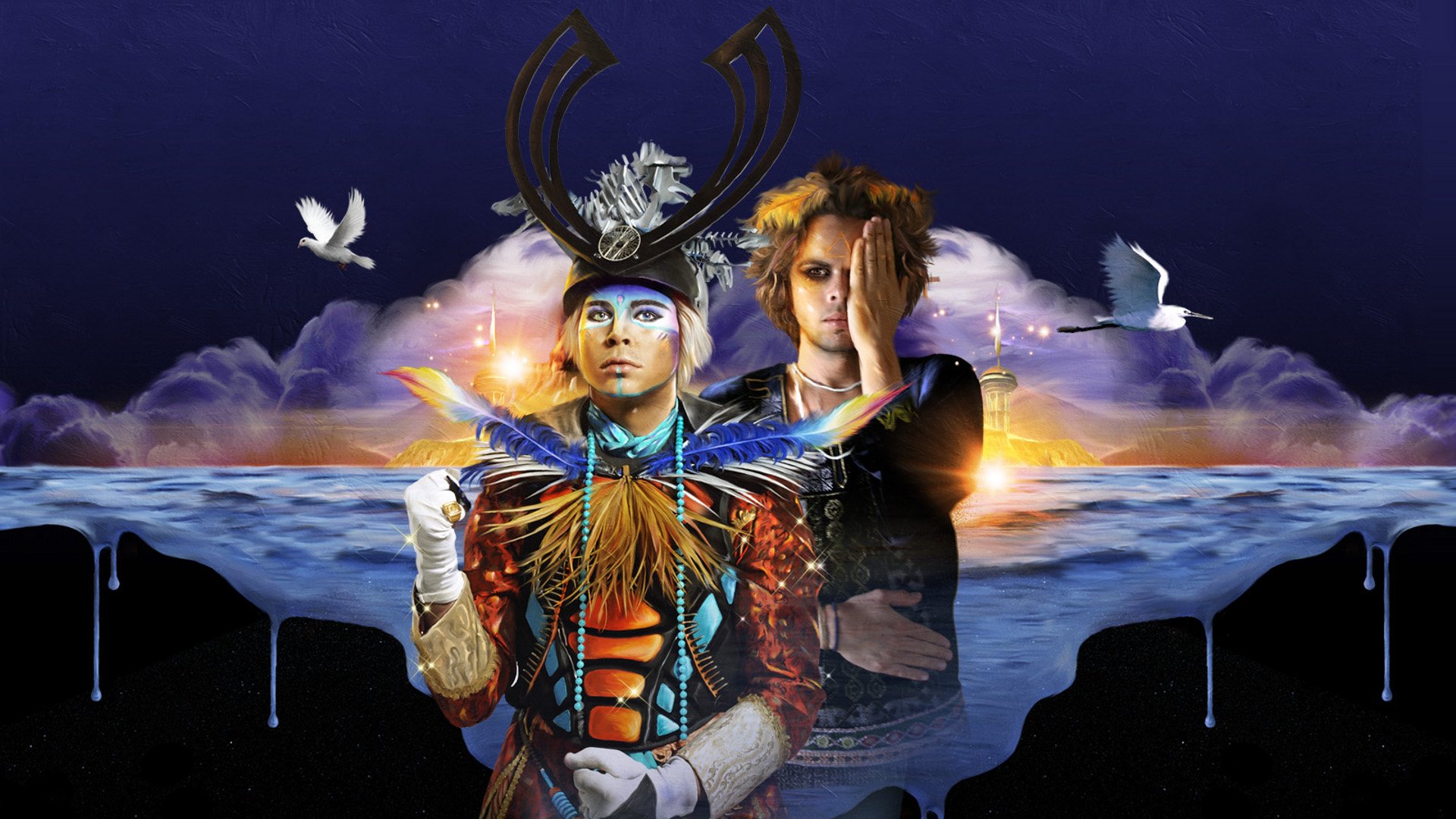 A vibrant HD desktop wallpaper featuring the music duo Empire Of The Sun, showcasing their colorful costumes against a surreal landscape with birds and a glowing background.