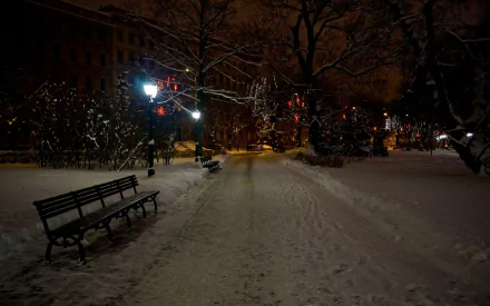 HD desktop wallpaper of a snowy park at night featuring man-made benches along a snow-covered pathway illuminated by streetlights and festive lights.