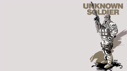 HD PC desktop wallpaper featuring a comic-style illustration of an armed unknown soldier standing confidently against a light background with the text UNKNOWN SOLDIER.