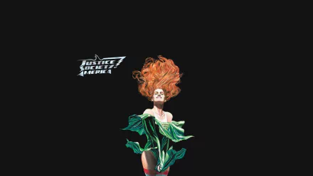 HD PC desktop wallpaper of Cyclone (Maxine Hunkel) — smiling comic portrait with flowing orange hair, green swirling dress and red thigh-highs, Justice Society logo on black.