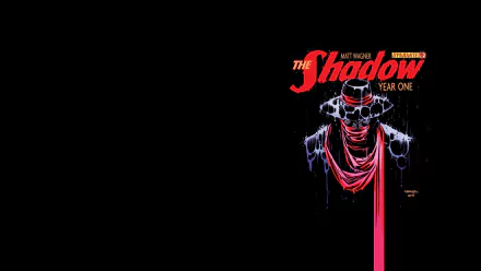 HD PC wallpaper of The Shadow comic: neon-red masked skull figure with flowing scarf and dripping paint on a black background, title The Shadow: Year One at top right.