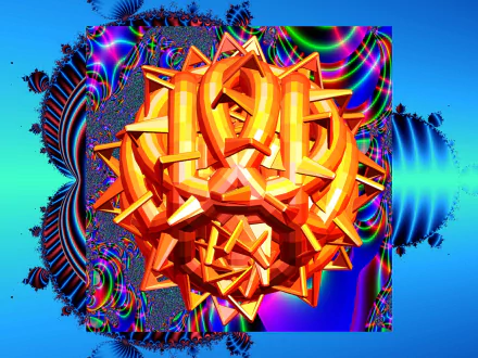 Abstract fractal HD PC desktop wallpaper — a glowing orange geometric starburst orb against vivid psychedelic blue-green fractal patterns forming a background.