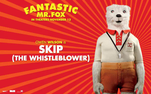 HD PC desktop wallpaper for the movie Fantastic Mr. Fox: an anthropomorphic fox in a vintage sweater and shorts stands before a red radial burst background with the film title.