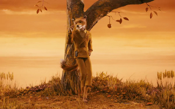 HD desktop wallpaper featuring the fox character from the movie Fantastic Mr. Fox standing against a tree with an autumn landscape in the background.