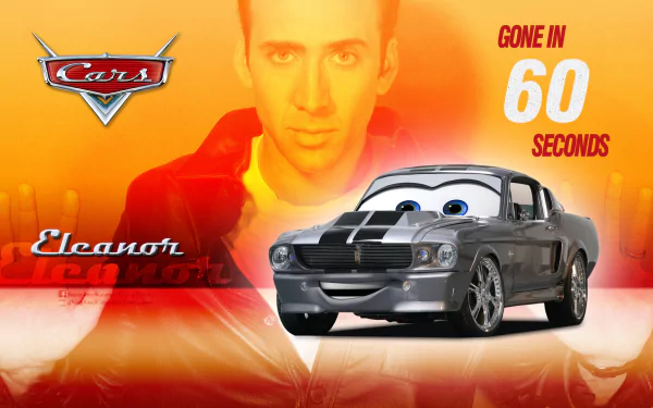HD desktop wallpaper featuring a Ford Mustang character from Pixar's Cars, alongside elements inspired by Disney and the film Gone in 60 Seconds.