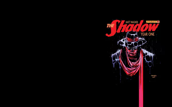 HD PC wallpaper of The Shadow comic: neon-red masked skull figure with flowing scarf and dripping paint on a black background, title The Shadow: Year One at top right.