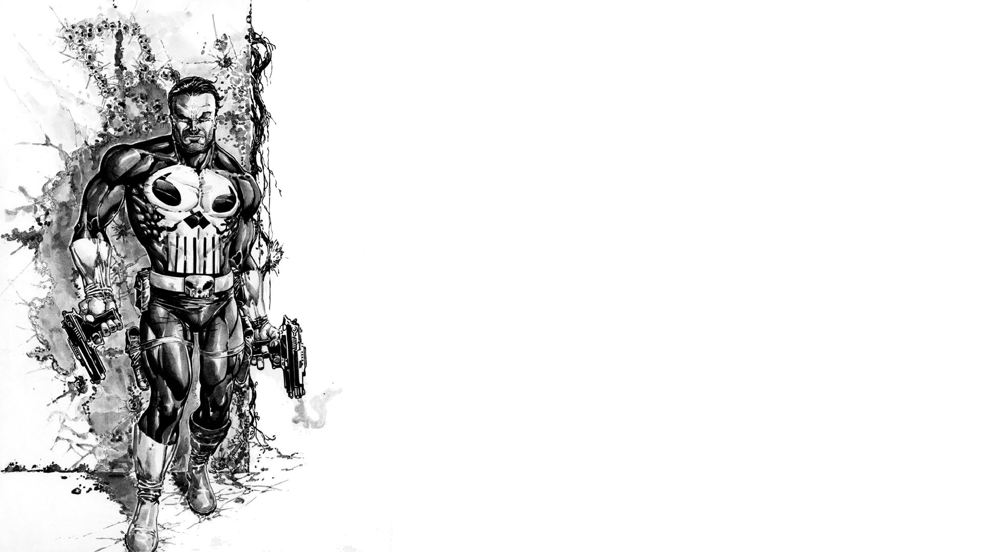 Black-and-white comic HD PC desktop wallpaper: the Punisher strides left, skull emblem on chest, armed with guns amid ink-splatter textures, large white negative space to the right.