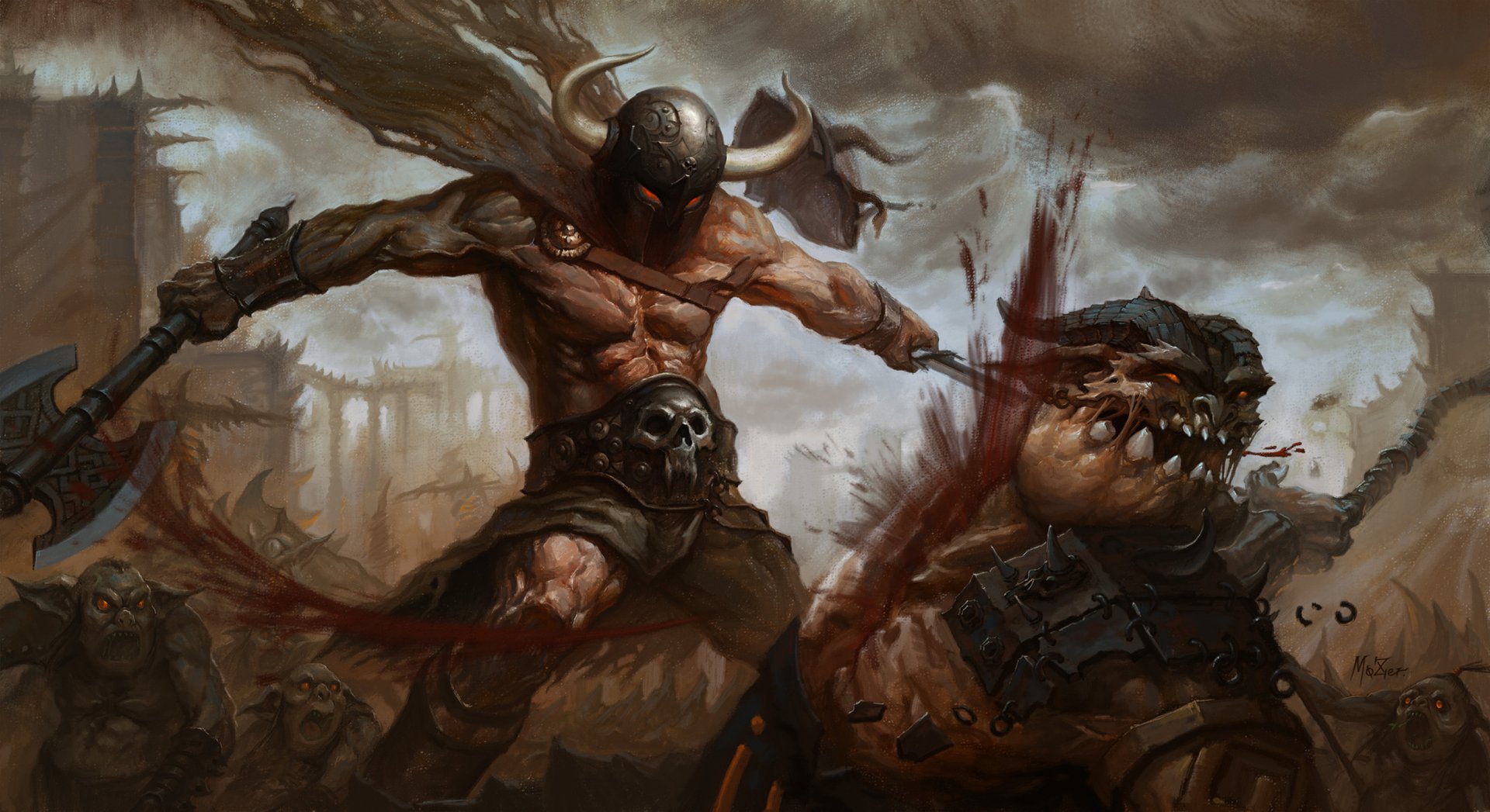 HD PC desktop wallpaper depicting a dark warrior clad in armor, battling a monstrous enemy under a stormy, ominous sky.