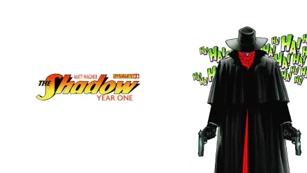 HD PC desktop wallpaper/background: comic-style The Shadow Year One logo at left; red-faced, masked Shadow in black cloak and wide-brim hat holding pistols, green HA! laughter on white background.