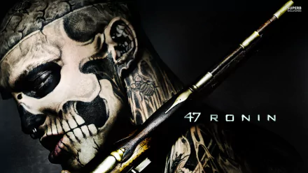 HD wallpaper featuring a close-up of a person with skull face paint and 47 Ronin text, holding a spear, against a dark backdrop.