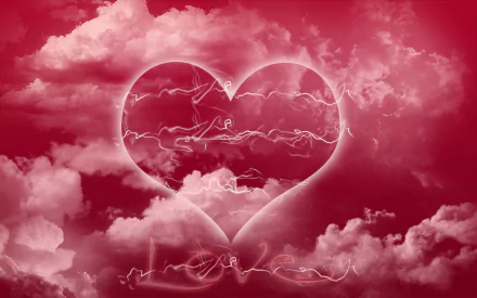 Artistic HD desktop wallpaper featuring a glowing heart shape with electric veins surrounded by soft clouds in varying shades of red and pink.