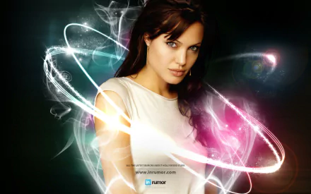 HD PC desktop wallpaper featuring celebrity Angelina Jolie surrounded by glowing light trails and smoke effects on a dark background.