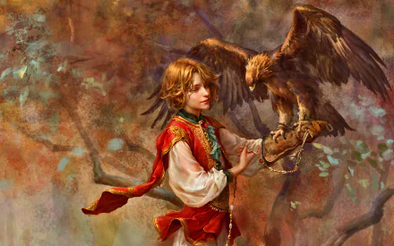 HD wallpaper of Tughril Mahmut from Shoukoku no Altair, depicted with an eagle, set against a painterly background.