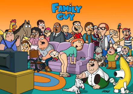 A vibrant HD desktop wallpaper featuring characters from the TV show Family Guy, showcasing a chaotic family scene with a variety of beloved and quirky characters.