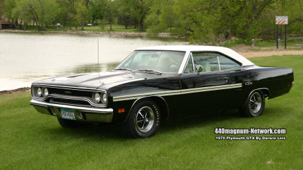 1970 Plymouth GTX vehicle — black coupe with white roof parked on grass by a lakeside, HD PC desktop wallpaper/background.