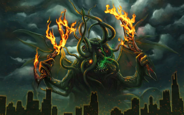 A vivid HD wallpaper depicting a Cthulhu-like creature wielding flames, looming over a dark city skyline under a stormy sky, capturing a sense of fantasy and cosmic terror.