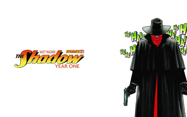 HD PC desktop wallpaper/background: comic-style The Shadow Year One logo at left; red-faced, masked Shadow in black cloak and wide-brim hat holding pistols, green HA! laughter on white background.