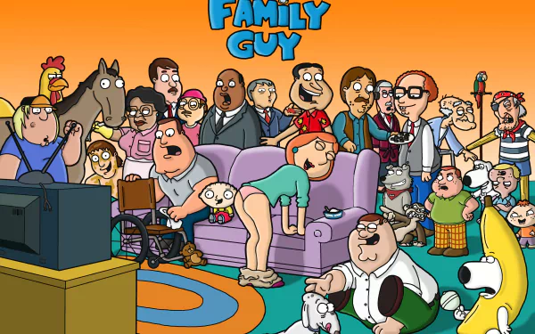 A vibrant HD desktop wallpaper featuring characters from the TV show Family Guy, showcasing a chaotic family scene with a variety of beloved and quirky characters.