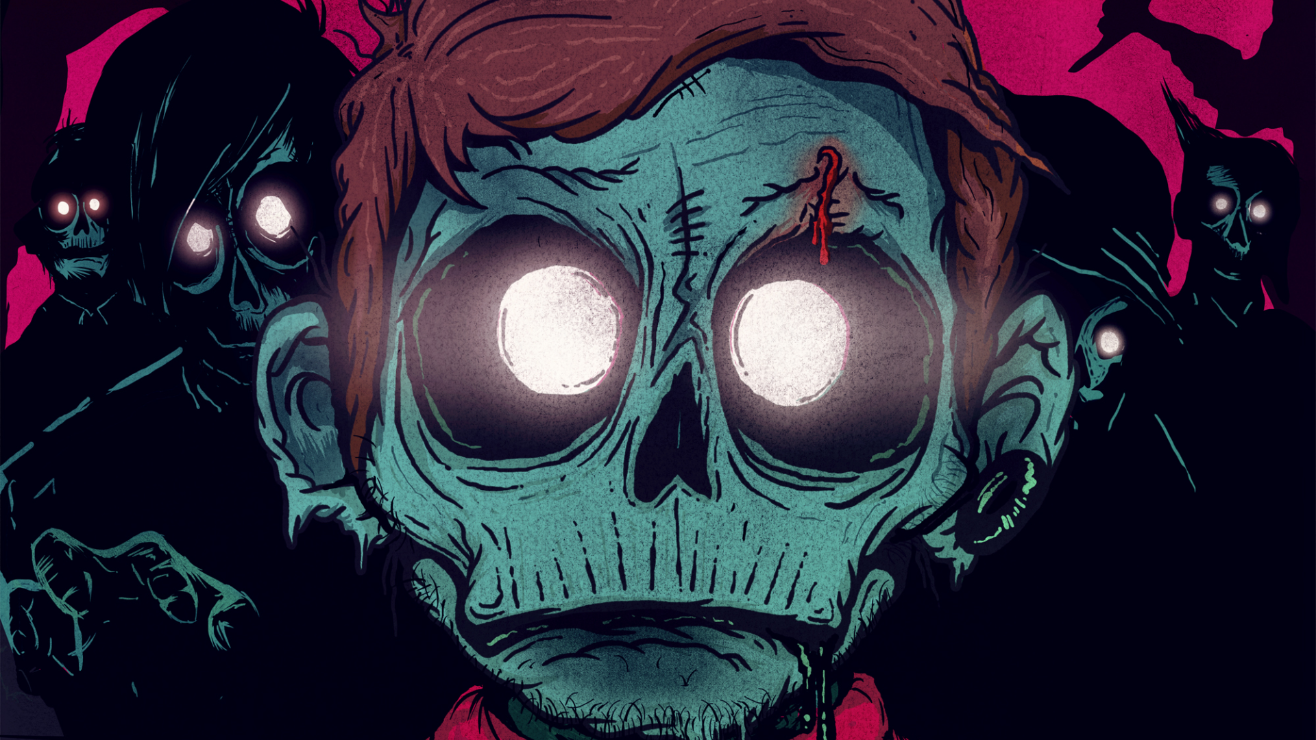 A dark zombie-themed HD wallpaper depicting a cartoonish zombie with large white eyes and a blood streak, surrounded by shadowy figures in the background.