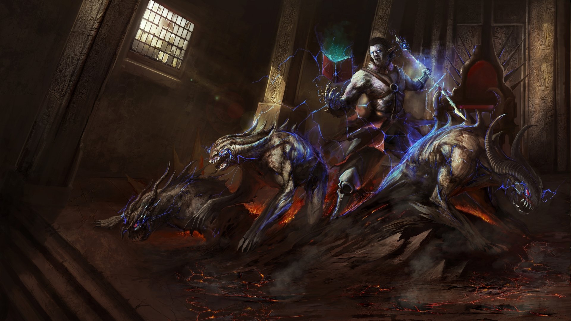 A dark fantasy 4K Ultra HD wallpaper featuring a sorcerer wielding witchcraft, surrounded by demonic creatures and mystical energy in a shadowy, ancient chamber.