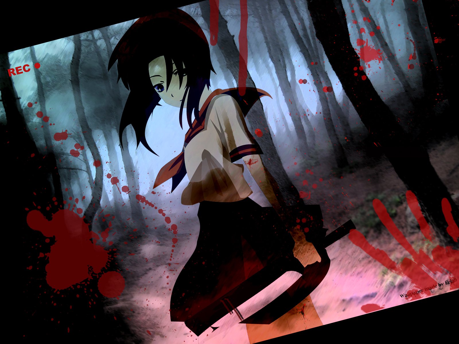 An HD desktop wallpaper featuring Rena Ryūgū from the anime Higurashi When They Cry, set in a dark forest with a haunting atmosphere and striking red splashes.