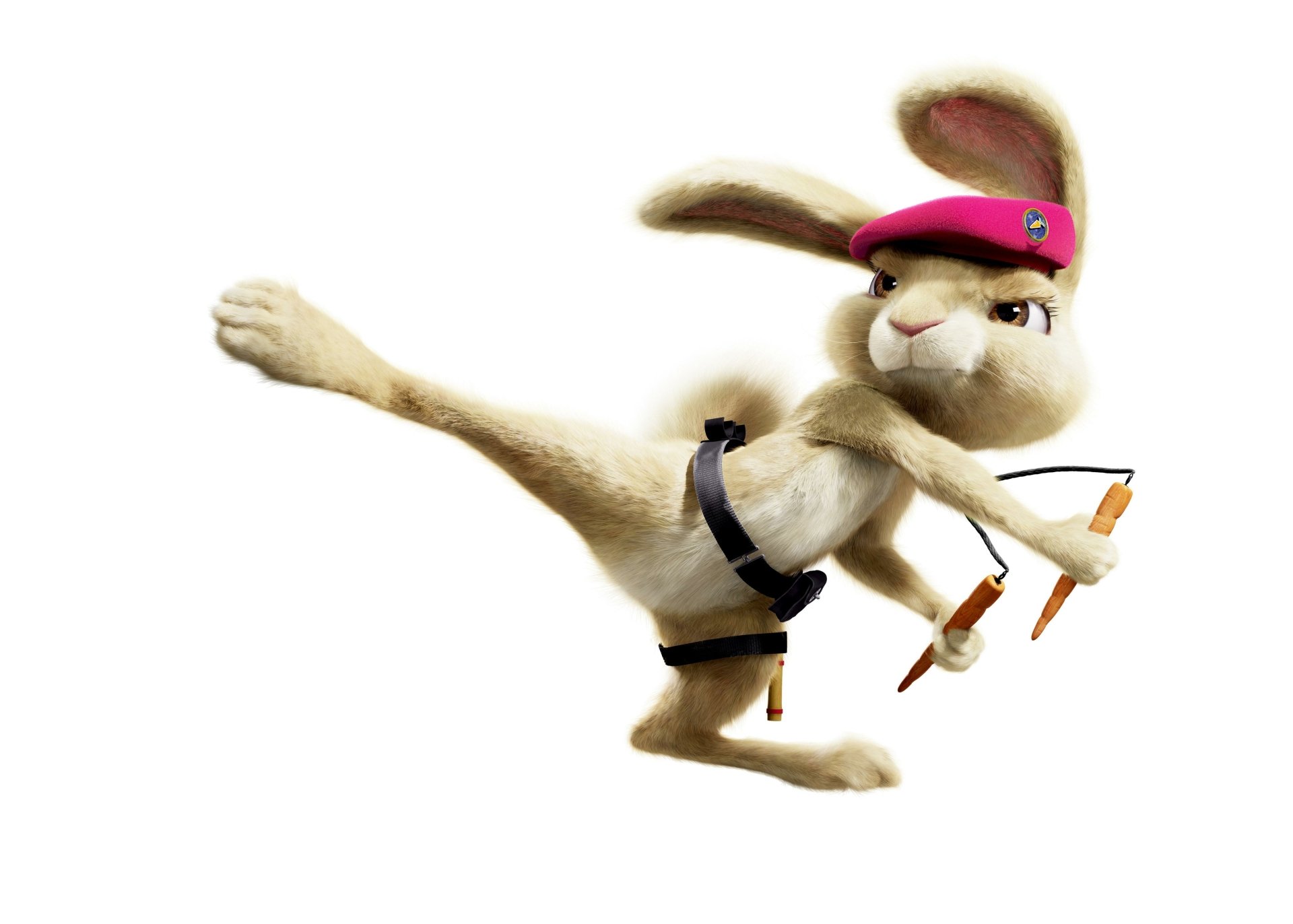 Animated Easter bunny from the movie Hop mid-kick, wearing a pink visor and harness, holding drumsticks — 4K Ultra HD PC desktop wallpaper/background on a white backdrop.