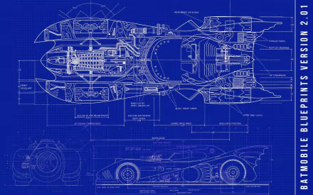Blueprint design of the Batmobile from Batman comics, featuring detailed technical specifications on a blue background, serving as an HD PC desktop wallpaper.