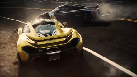 A dramatic scene from Need For Speed: Rivals showcasing a sleek yellow sports car and a black police vehicle maneuvering on a twisting road, surrounded by drifting smoke. 4K Ultra HD quality.