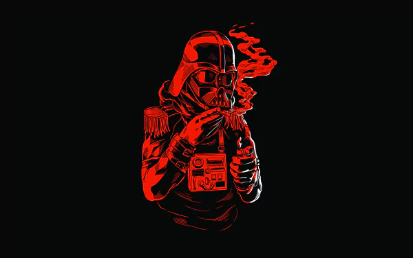 8K Ultra HD Star Wars wallpaper featuring a red-toned depiction of Darth Vader smoking, blending sci-fi elements with striking minimalist design on a black background.