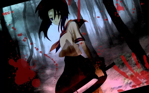 An HD desktop wallpaper featuring Rena Ryūgū from the anime Higurashi When They Cry, set in a dark forest with a haunting atmosphere and striking red splashes.