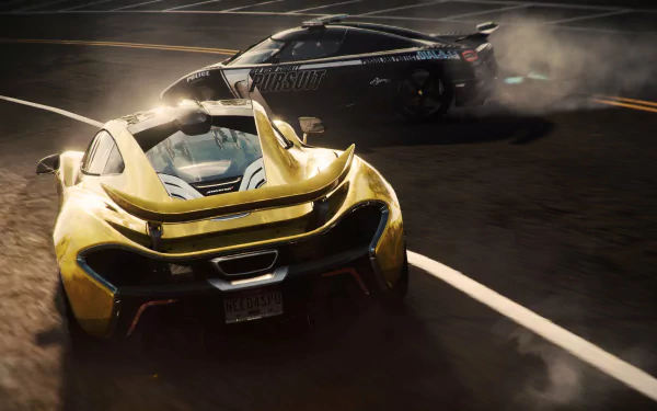 A dramatic scene from Need For Speed: Rivals showcasing a sleek yellow sports car and a black police vehicle maneuvering on a twisting road, surrounded by drifting smoke. 4K Ultra HD quality.