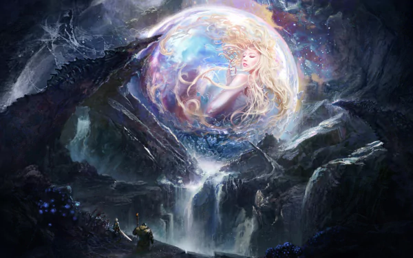 HD PC desktop wallpaper featuring a mystical scene from the video game Tera, with a glowing ethereal figure encased in a luminous orb above a rocky waterfall.