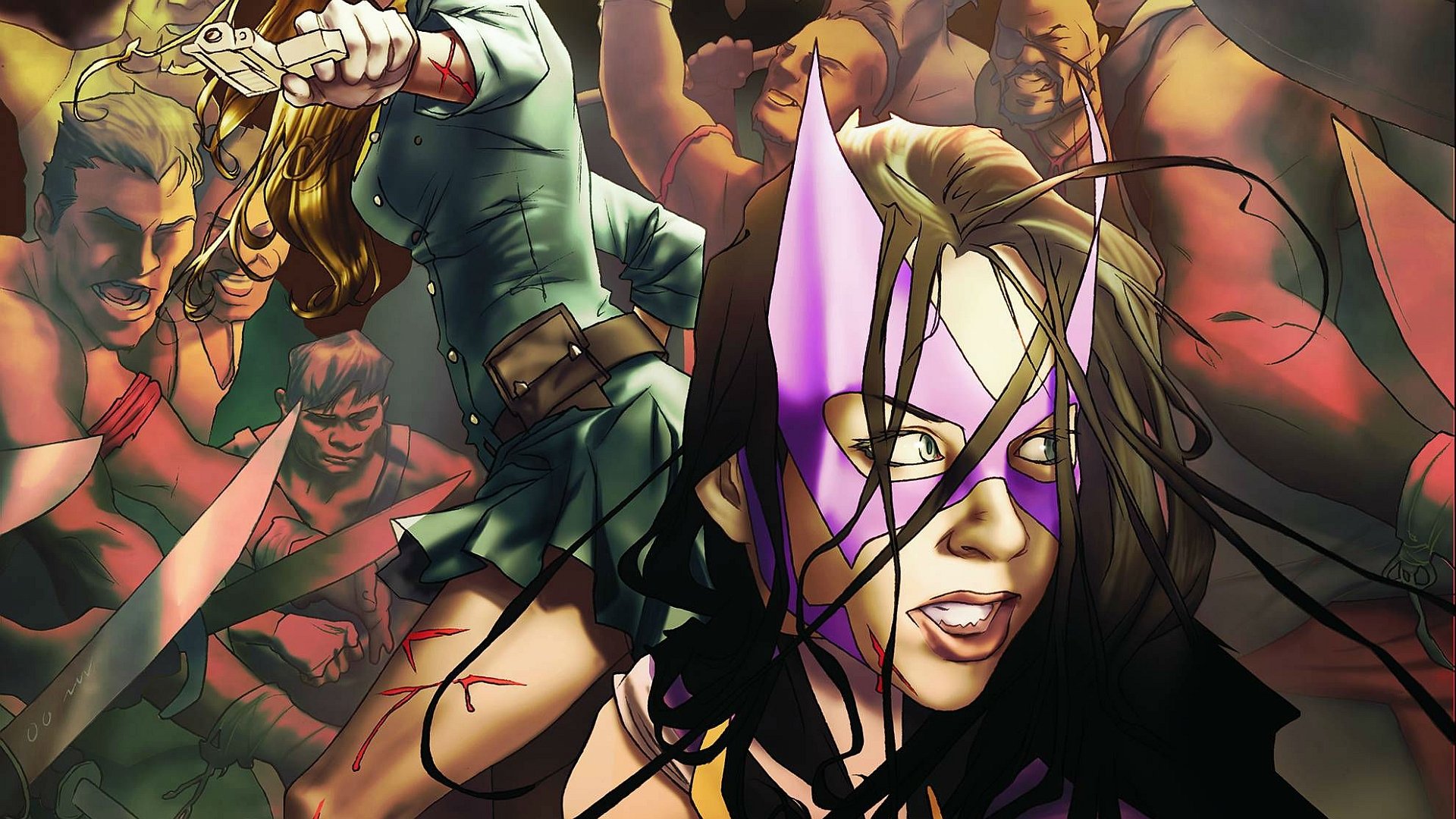 HD PC desktop wallpaper featuring Huntress from DC Comics in dynamic action, surrounded by other Birds of Prey characters in a vibrant comic-style scene.